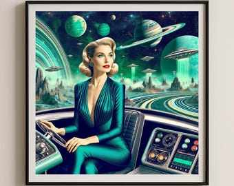 Illustration rétro futuriste sur le thème de la science-fiction Ovnis de style Mid-Century Giclée d'art de l'ère spatiale