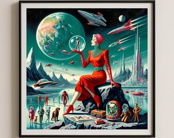 Giclée rétro sur le thème de la science-fiction OVNI futuriste, style Mid-Century, art atomique