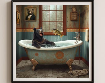 Ours lunatique dans une impression d'art de bain sur pattes vintage, décoration d'intérieur boisée rustique, art mural
