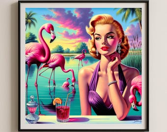 Impression d'art vintage pin up flamant rose, affiche vintage pour fille, décoration de science-fiction moderne Mid-Century