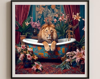 Lion majestueux dans une impression d'art floral vintage pour le bain, décoration d'intérieur fantastique rétro, art mural