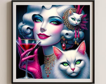 Impression giclée d'art Lady Cat rétro : Pop Art Mid-Century