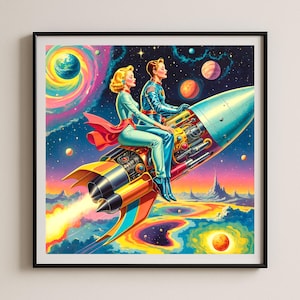 May include: A framed retro-style print depicts a couple riding a rocket through a vibrant, colorful galaxy. The artwork features a blue and orange rocket with a detailed engine, set against a backdrop of swirling nebulae, planets, and stars. The couple is dressed in space-age attire.