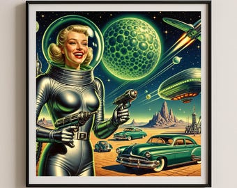 UFO rétro, illustration futuriste, thème science-fiction, style Mid-Century, Pin Up de l'ère spatiale