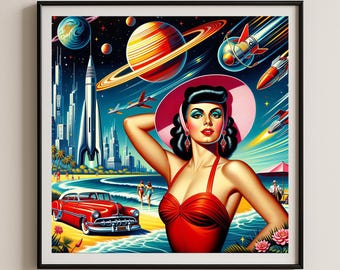 Impression giclée de science-fiction futuriste espace rétro pin up art mural galaxie pin up des années 50, décoration pop
