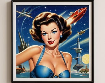 Pin Up Girl Among the Stars, Giclée rétro pop art atomique style Mid-Century