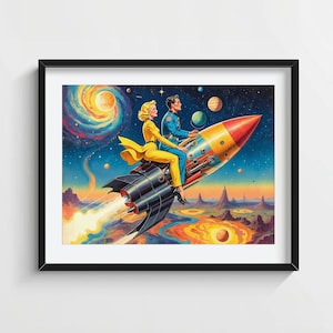 May include: A framed retro-style print depicts a couple riding a rocket ship through space. The rocket has a red, yellow, and orange nose, with a black body. The background features planets, galaxies, and a colorful landscape.