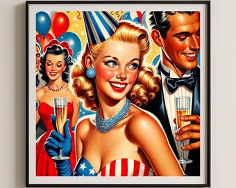 Illustration vintage d'anniversaire de style Mid-Century Giclée Pin Up glamour Sweet Sixteen