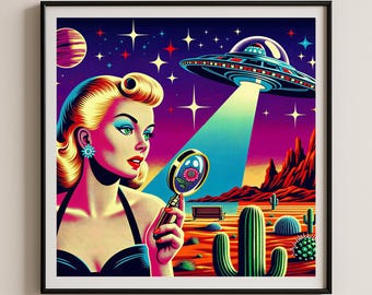 Impression d'art pin up rétro vintage poster ovni vintage art déco atomique de science-fiction moderne Mid-Century
