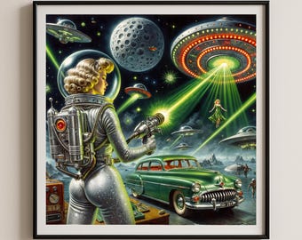 Vintage Pin-Up espace OVNI fille rétro futuriste affiche affiche art déco atomique de science-fiction moderne Mid-Century