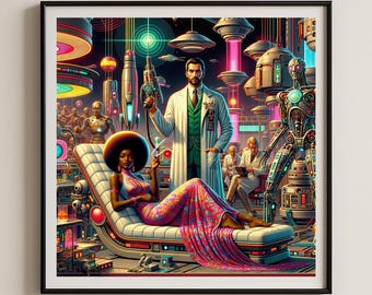 Impression science-fiction rétro : extraterrestres Mid-Century, robots et extraterrestres, décoration Spaceage