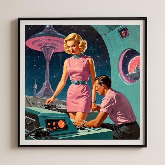 Retro Space Couple Art Print Midcentury Sci-Fi Giclée 1950s Futuristic Wall Atomic Age Decor