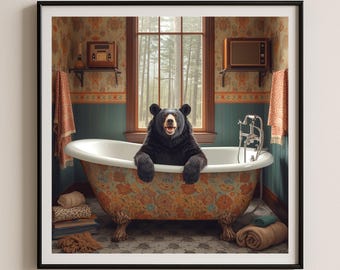 Ours souriant dans un bain sur pattes vintage Impression giclée d'art, décoration d'intérieur rétro boisée rustique