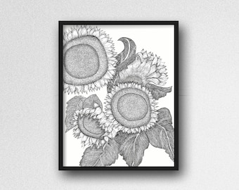 Digital Download Sunflower Ink Illustration Art Print