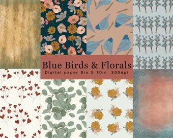 Blue Birds and Florals Pattern Collection  Unique Printable Paper Collection for Creative Journals, Scrapbooking, and Art Projects