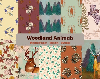 Woodland Digital Paper Bundle, Forest Animals Printables, Digital Scrapbooking Paper, Printable Digital Paper, Junk Journal Digital Paper