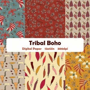 Tribal Boho Digital Paper, Tribal Boho 12x12 inch Scrapbooking Paper, Bohemian Scrapbooking Paper