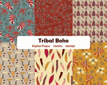 Tribal Boho Digital Paper, Tribal Boho 12x12 inch Scrapbooking Paper, Bohemian Scrapbooking Paper