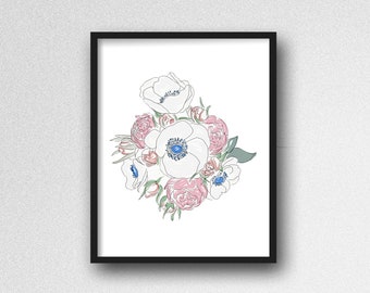 Flower Bouquet Blue Digital Download. Floral Digital Art Print. Botanical Wall Art