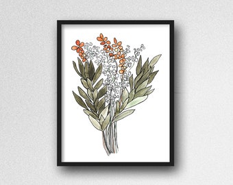 Olive Leaf Bouquet Digital Download. Floral Arrangements Art Print. Flower Wall Art