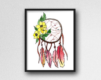 Digital Download Dream Catcher Art Print, Floral Art Print, Feather Wall Art, Tribal Wall Decor, Boho Home Decor