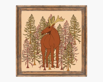 Moose in Trees Digital Art Print, Moose Digital Download, Moose Decor, Moose Art Print, Moose Wall Art