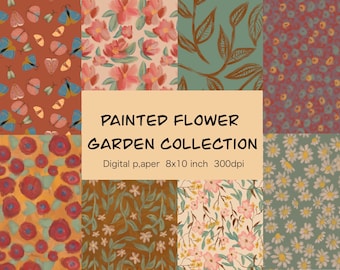 Painted Flower Garden Collection of Digital Paper, Printable pattern paper for collage, creative journals, card making and more