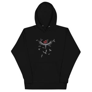 May include: Black hooded sweatshirt with a front pocket and a drawstring hood. The sweatshirt features a graphic of a stylized bird with outstretched wings and several smaller birds in flight. The bird graphic has red and gray accents.
