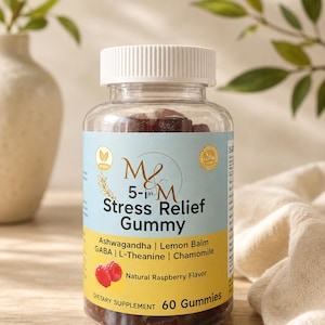 May include: A clear plastic bottle with a white cap containing dark red gummies. The label reads M&M 5-in-1 Stress Relief Gummy, listing Ashwagandha, Lemon Balm, GABA, L-Theanine, and Chamomile. It specifies Natural Raspberry Flavour and 60 Gummies.