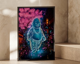 Neon Sakura Buddha — Hologram Art | Digital Wall Art Instant Download | Japanese Cityscape Printable