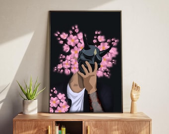 Sakura-Dämonenmaske als Kunstdruck – Digitale Kunst aus der japanischen Mythologie (Digitaler Download)