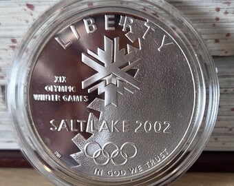 OLYMPIC SILVER DOLLAR-Vintage Winter Games-Salt Lake-2002-Rings-Rocky Mountains-Proof Coin
