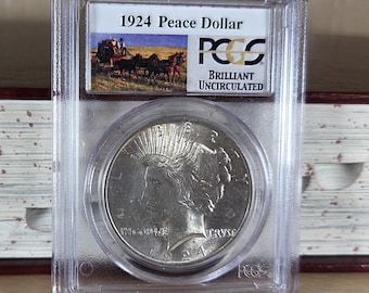 STAGECOACH PEACE DOLLAR-1924-Vintage Silver-Brilliant Uncirculated-Antique Coin