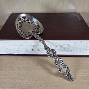 May include: A silver serving spoon with an ornate handle and a heart-shaped bowl rests on a closed, burgundy book. The spoon's design features intricate floral patterns. The book has white-edged pages.