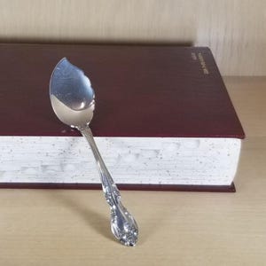 May include: A silver butter knife with a decorative handle rests on a closed, burgundy-colored book. The book has white-edged pages and is positioned on a light-colored wooden surface.