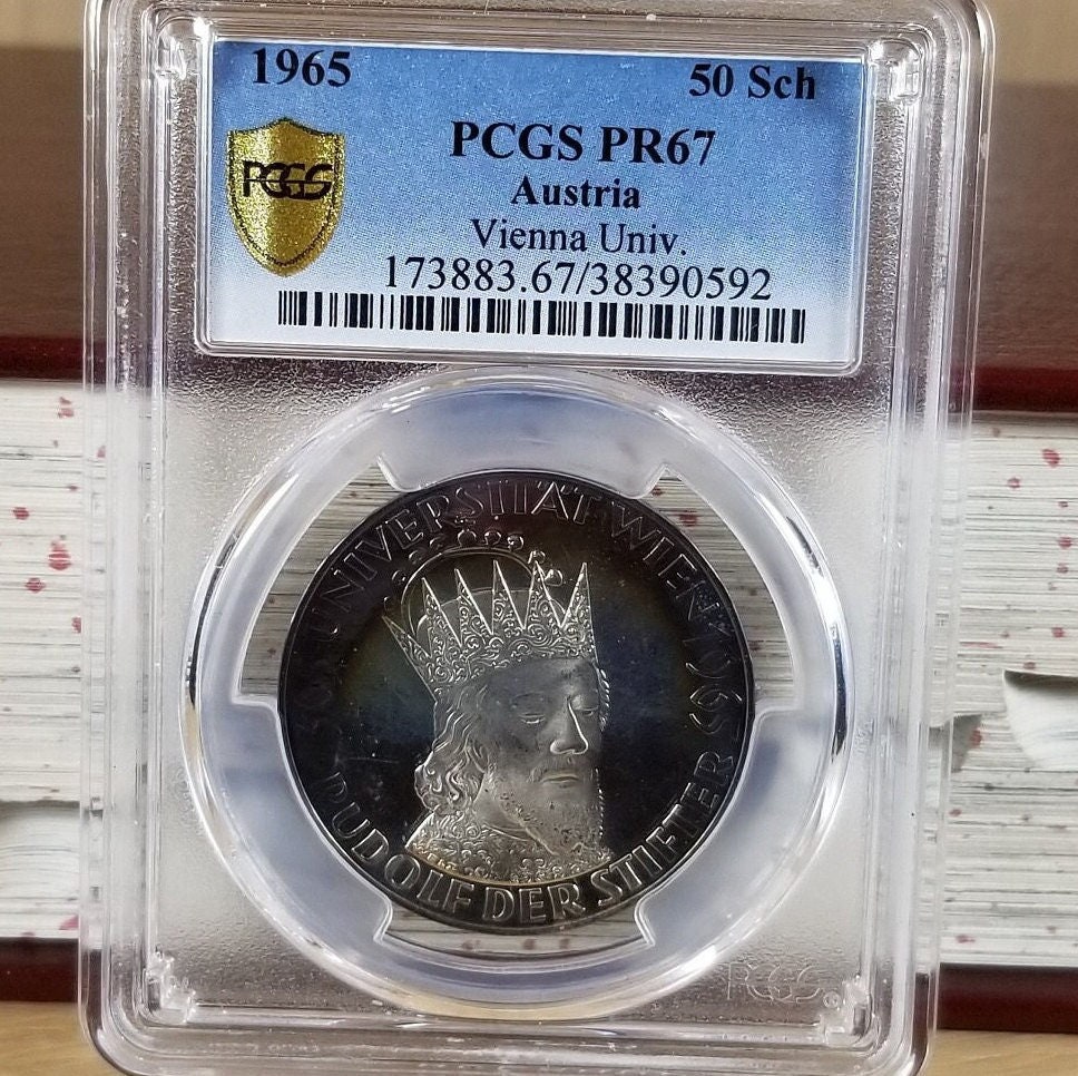 AUSTRIA 50 SCHILLING-Vintage Silver Coins-1965-PR67-600th Anniversary of Vienna University-Foreign Currency-Antique-Bullseye Toning