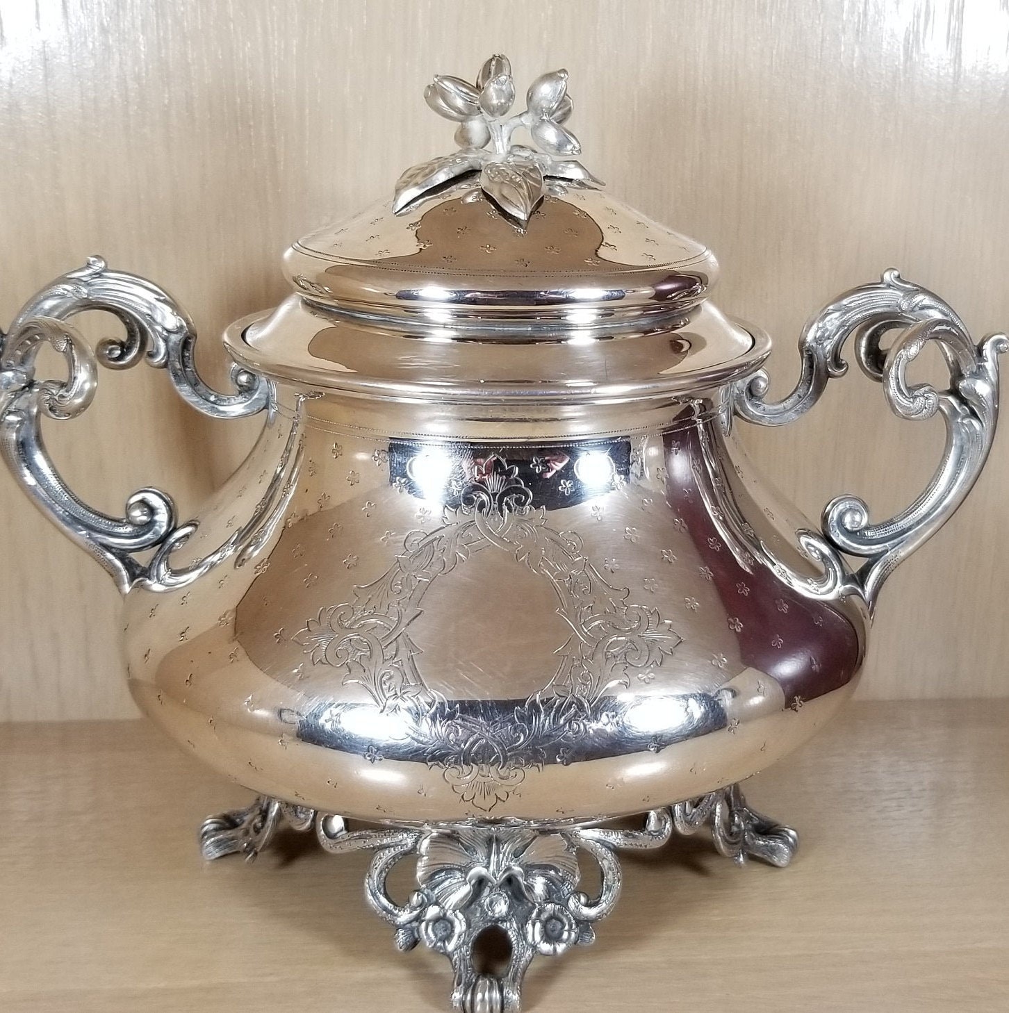 An Old Brass or Bronze Metal Sugar Bowl with a Lid and Ornament Stock