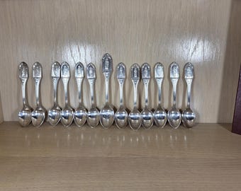 APOSTLE SPOONS-Set of 13-Vintage Sterling Silver-Quotations-Antique Chi-Rho
