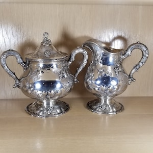 SUGAR BOWL & CREAMER-Vintage Sterling Silver-Handmade-Flowers, Vines, Grapes Motif-Antique Serving Pieces-Gift for Wife-Anniversary-Wedding
