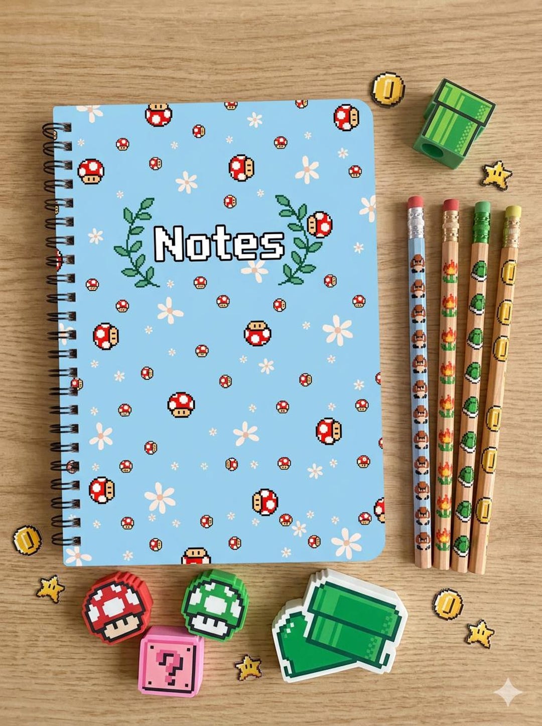 Retro Mario Pixel Mushrooms Notes Spiral Notebook | Cute Floral Dots ...