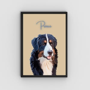 Puede incluir: Retrato enmarcado de un perro de montaña bernés con pelaje negro, blanco y marrón. El nombre del perro, "Prince", está escrito en cursiva encima del perro. El fondo es de color beige.