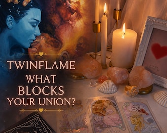 May include: A digital print featuring a blue-toned couple, three lit candles, raw crystals, and three tarot cards. The text reads TWINFLAME WHAT BLOCKS YOUR UNION? and ALL I SEEK IS SEEKING ME. The cards are Three of Cups, The Lovers, and Ace of Pentacles.