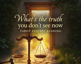 May include: An image with the text "What's the truth you don't see now" and "TAROT PSYCHIC READING". It features a balance scale, an open book, and a gavel. The background shows a pathway leading to a doorway with sunlight.