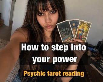 May include: Three tarot cards held up, including the Ten of Swords, The Star, and The Empress. Text overlay reads: How to step into your power. Psychic tarot reading. The cards feature detailed illustrations of figures and symbols in various colors.