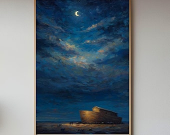 Noah’s Ark Under Moonlight Wall Art Printable, Christian Night Sky Painting, Biblical Ark Artwork, Faith Decor Digital Download