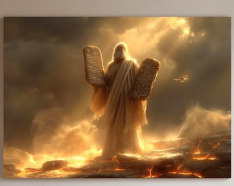 Moses and the Ten Commandments Canvas Wall Art – Christian Biblical Artwork, Faith-Inspired Home Decor