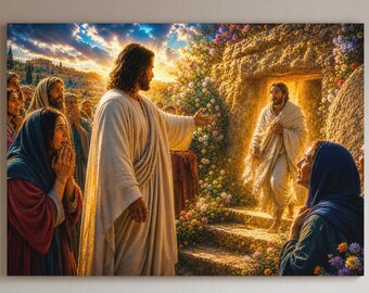 Biblical Resurrection Canvas Art, Jesus Raising Lazarus from the Dead, Gospel Scene, Modern Artwork