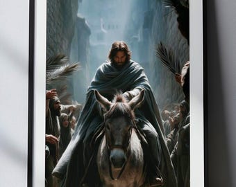 Jesus Artwork Digital Download, Palm Sunday Jerusalem Scene, Faith-Based Church Decor