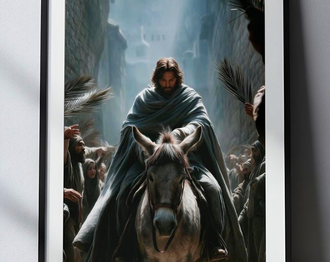 Featured listing image: Jesus Artwork Digital Download, Palm Sunday Jerusalem Scene, Faith-Based Church Decor