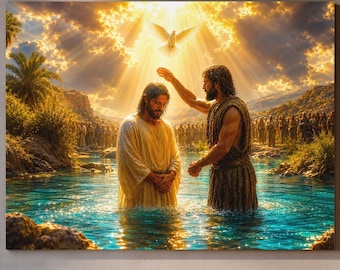 Jesus Baptism Canvas Matte Stretched Wall Art | Religious Church Decor | Bible Scene Artwork